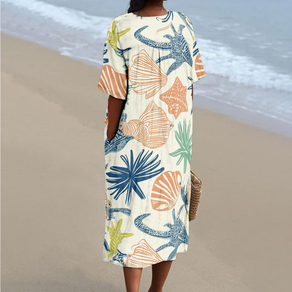Printed Loose Short-sleeve One-piece Dress For Women