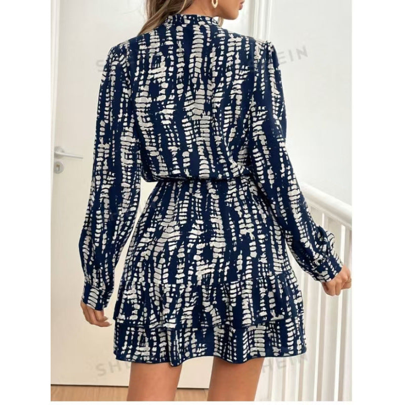Printed Ruffled Long Sleeve Dress Women