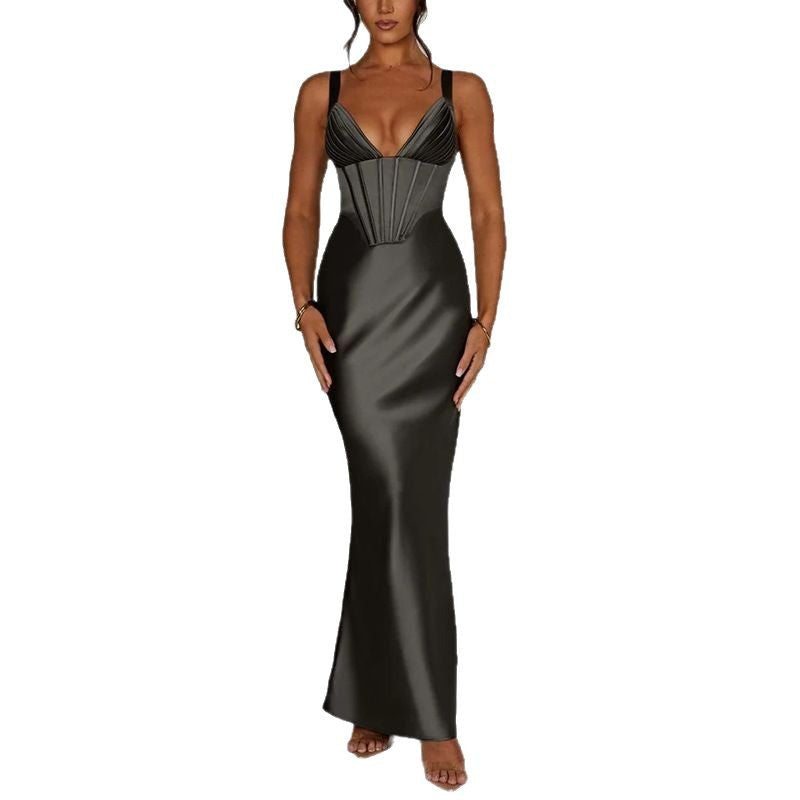 Elegant Deep V-Neck Satin Sleeveless Evening Dress
