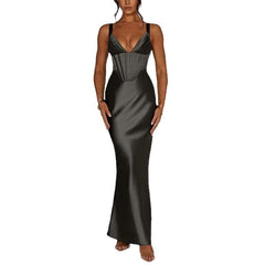 Elegant Deep V-Neck Satin Sleeveless Evening Dress