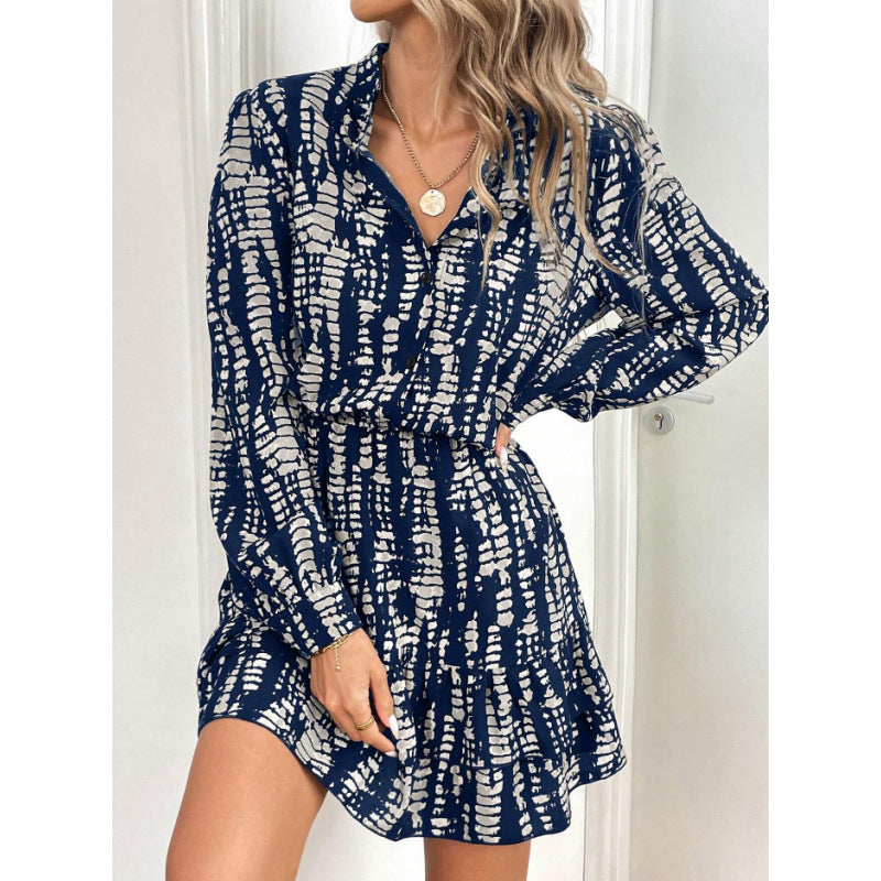 Printed Ruffled Long Sleeve Dress Women