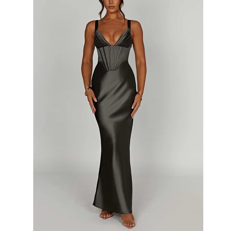 Elegant Deep V-Neck Satin Sleeveless Evening Dress