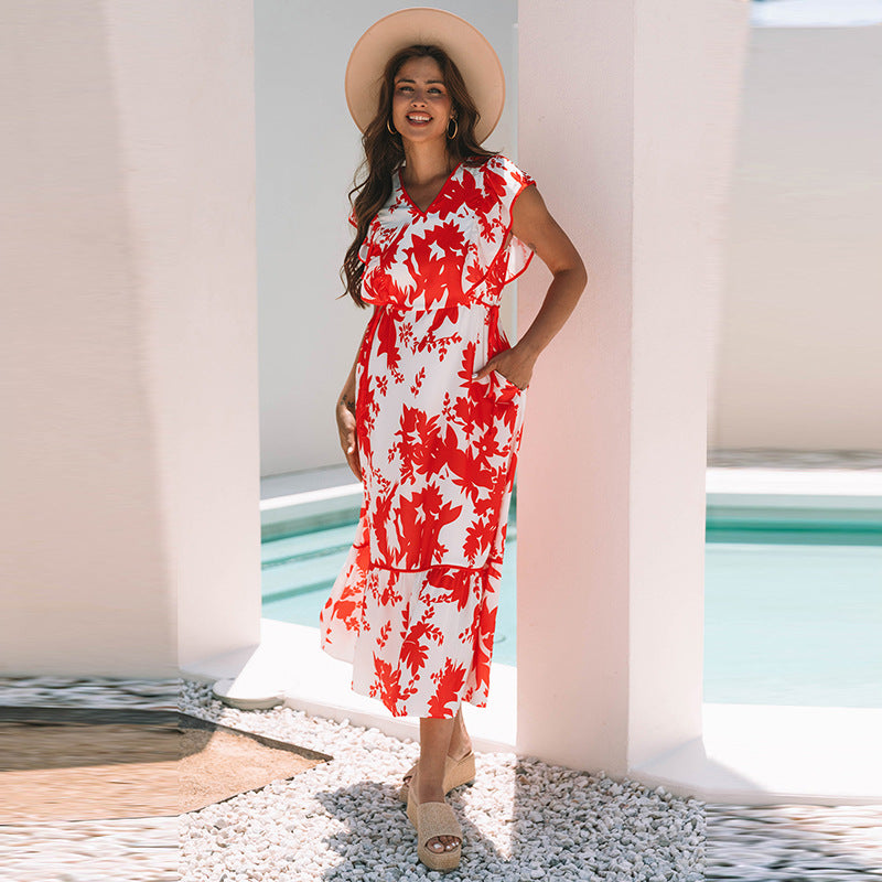 Flower Printed V-neck Dress Women