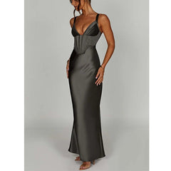 Elegant Deep V-Neck Satin Sleeveless Evening Dress