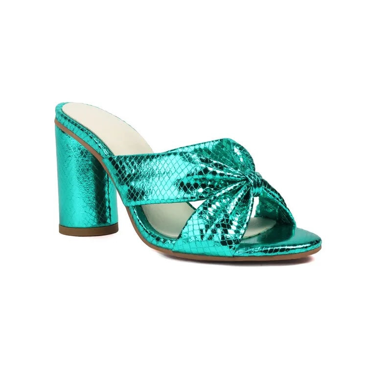 Ophelia Metallic Bow Block Heel Mules
