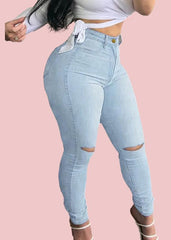 High-rise Hip-lifting Stretch Ripped Jeans