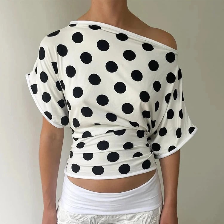 Rael Big Polka Dot One-Shoulder Short Sleeve Top