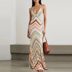 Ruena Colorful Striped Crochet Maxi Halter Dress - Beige M - SALE