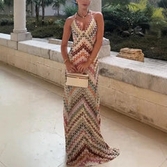 Ruena Colorful Striped Crochet Maxi Halter Dress - Beige M - SALE