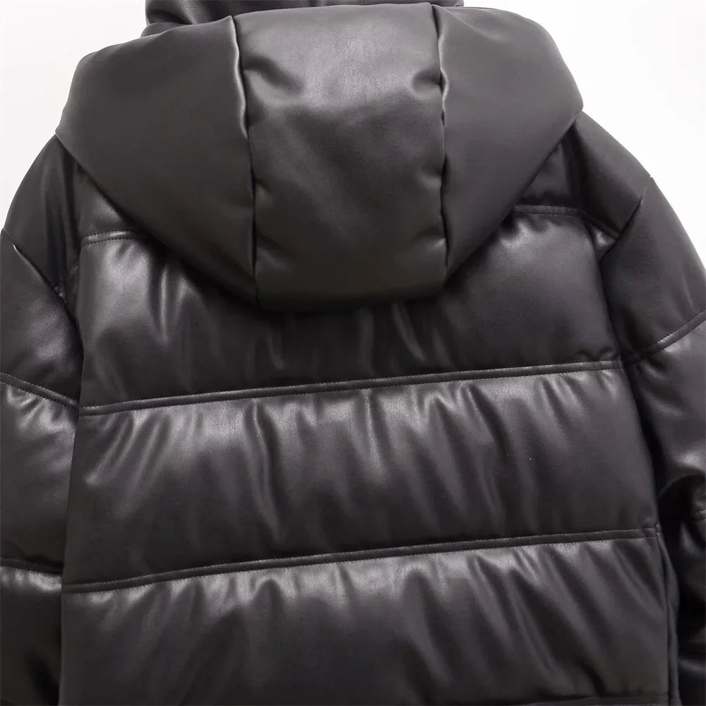 Jaden Faux Leather Hooded Puffer Jacket