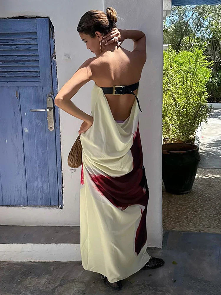 Mossa Strapless Floral Belt Tube Maxi Dress