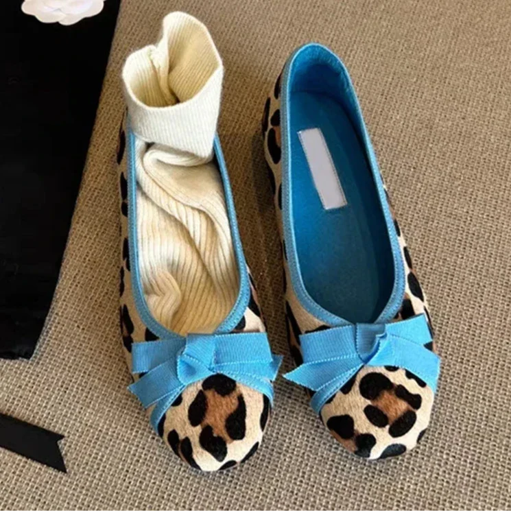 Nabie Leopard Bow Knot Suede Ballet Flats