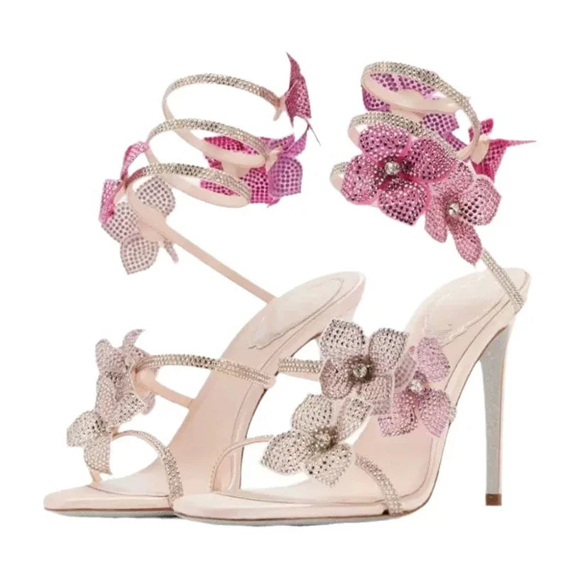 Amelia Crystal Flower Spiral Strap Sandals