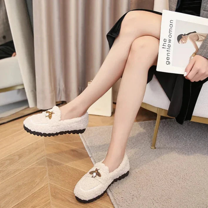 Bees Charm Faux Lambs Wool Driving Loafers
