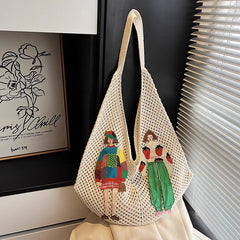 Tamara Two Girls Embroidery Knit Shoulder Bags