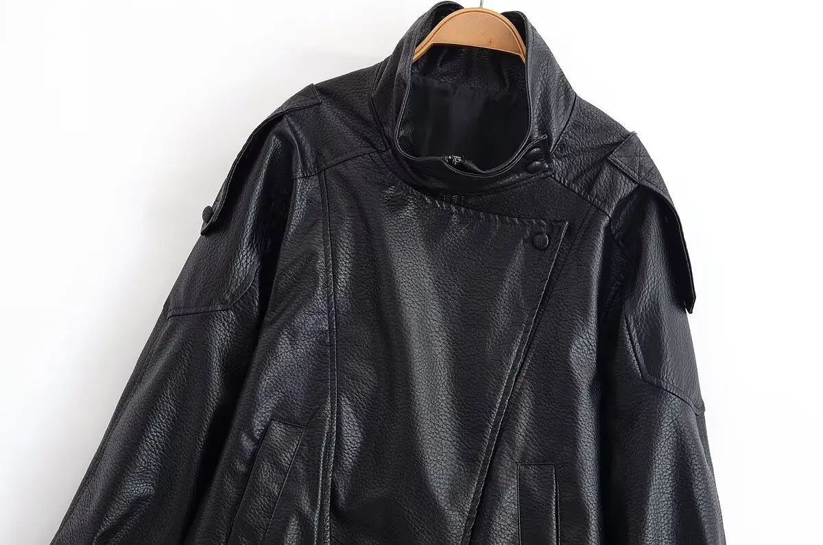 Diane Stand Collar Faux  Leather Bomber Jacket