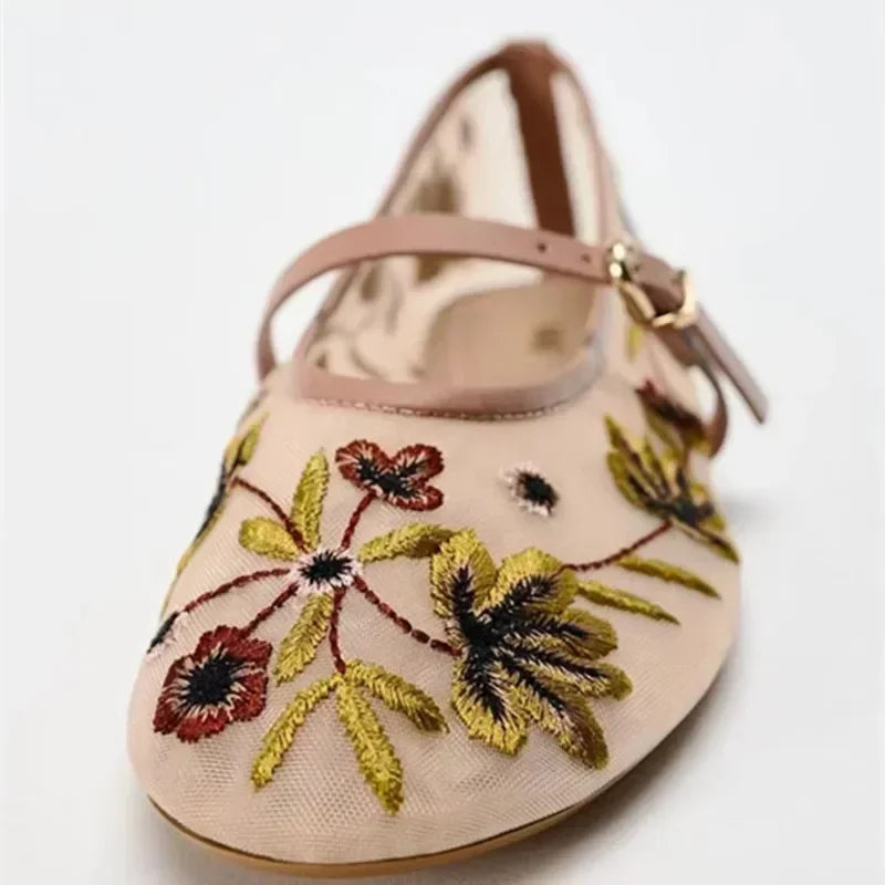 Saachi Floral Embroidery Mesh Ballet Flats
