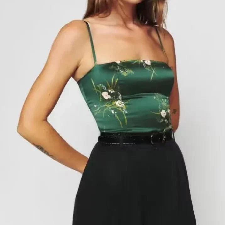 Green Floral Chinoise Satin Camisole Top / Size M - SALE