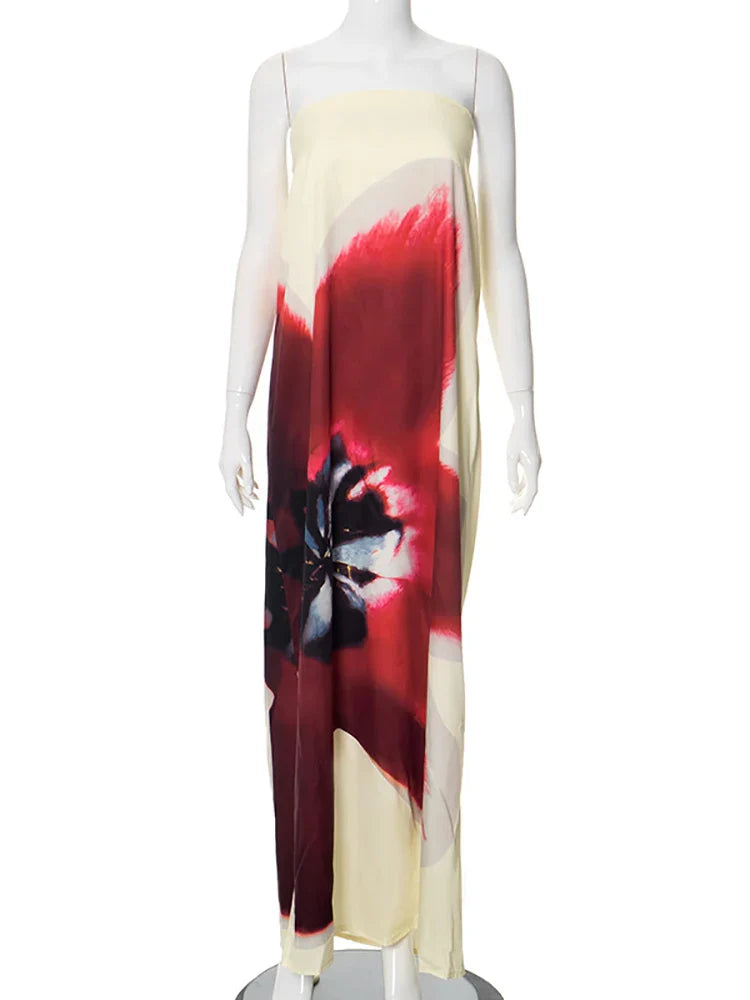 Mossa Strapless Floral Belt Tube Maxi Dress