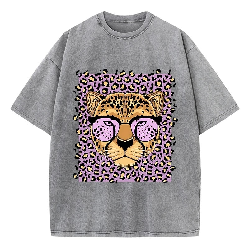 Vintage Wash Glassed Leopard Graphic T-Shirts