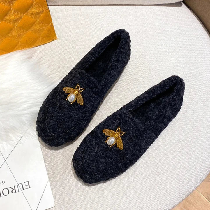 Bees Charm Faux Lambs Wool Driving Loafers