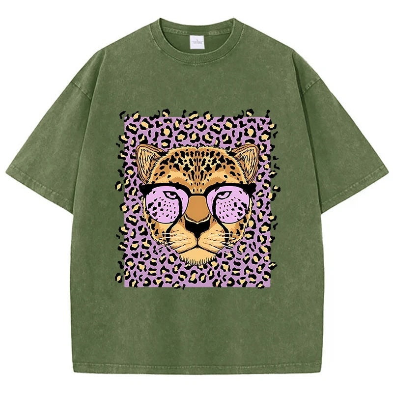 Vintage Wash Glassed Leopard Graphic T-Shirts