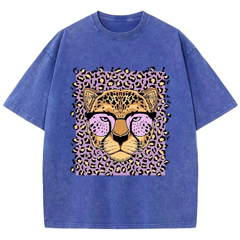Vintage Wash Glassed Leopard Graphic T-Shirts