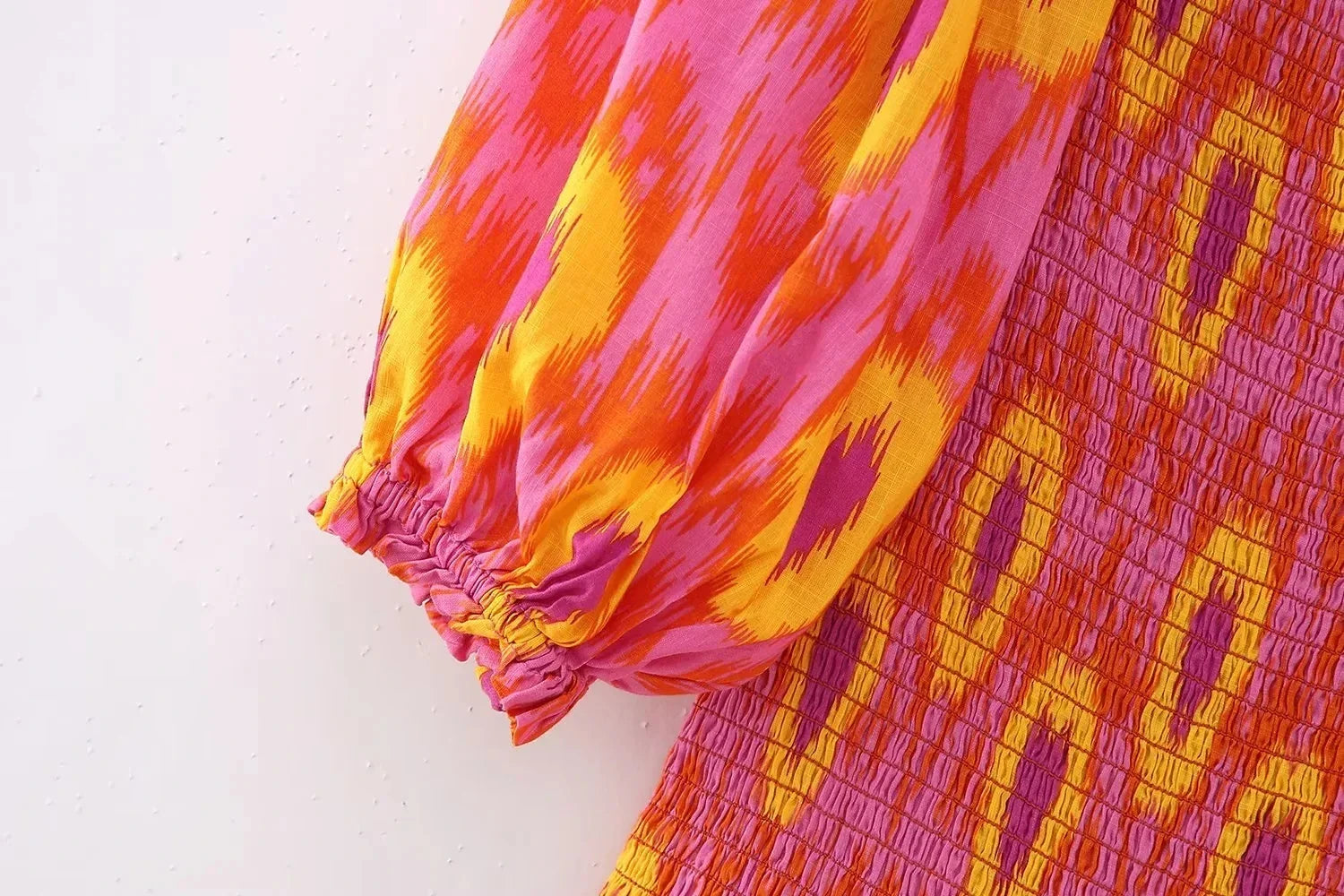 Kyra Printed Off the Shoulder Shirring Dress