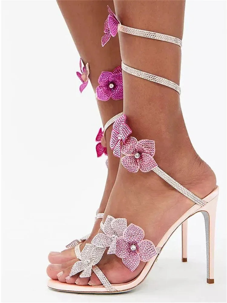 Amelia Crystal Flower Spiral Strap Sandals