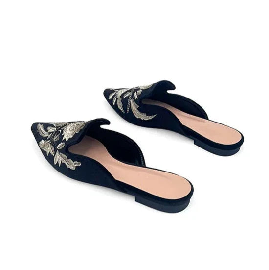 Sofia Flower Embroidery Velour Kitten Heel Mules