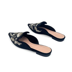 Sofia Flower Embroidery Velour Kitten Heel Mules