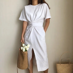 Elegant Twist Tie Waist and Front Slit Midi Dress - Green/One Size (US S/M) - SALE