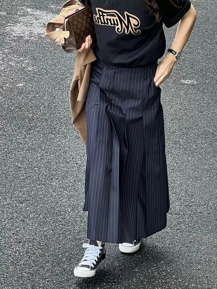 Jamesina Asymmetric Wrap Pinstripe Maxi Skirt