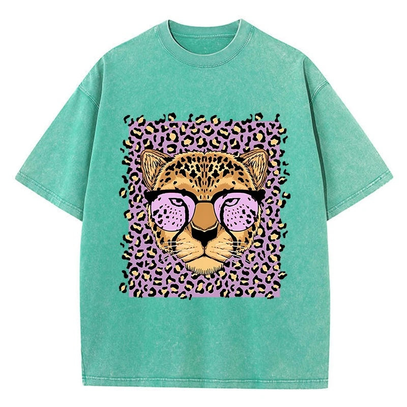 Vintage Wash Glassed Leopard Graphic T-Shirts