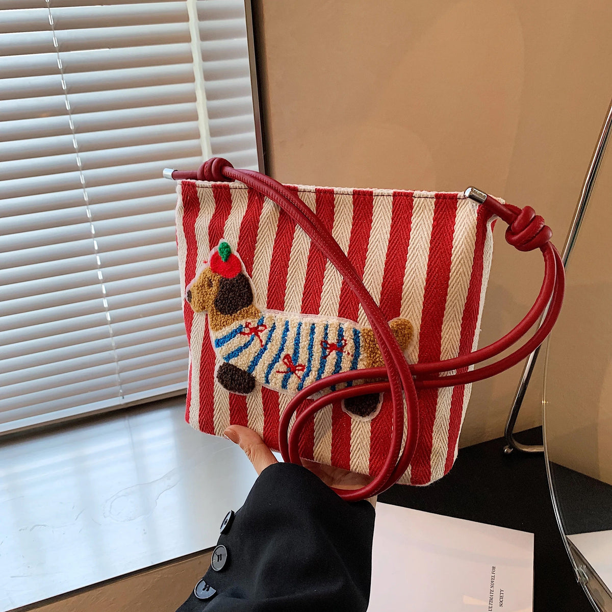 Cute French Poppy Patchwork Stripe Shoulder Bag