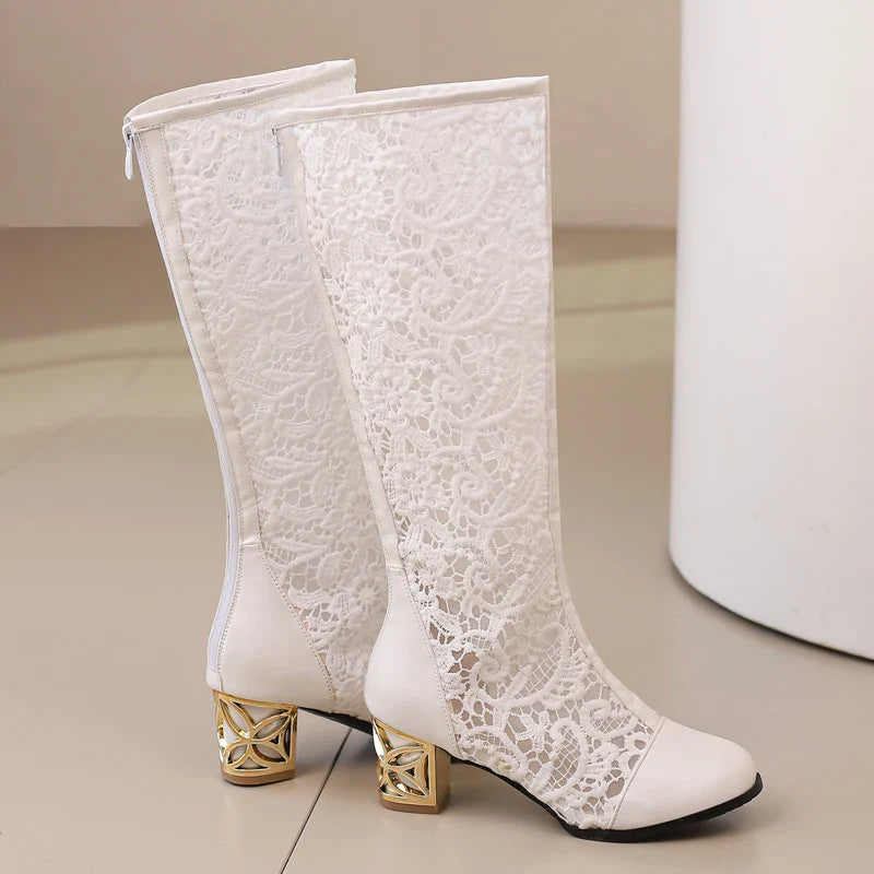 Maritta Floral Lace Mesh Knee High Boots