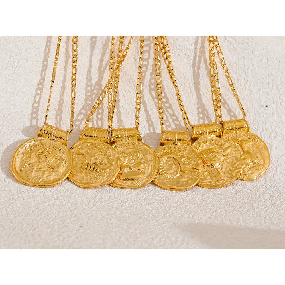 12 Constellation Sign Hammered 18K Gold Pendant Necklaces