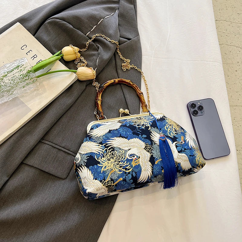 Ilta Kimono Prints Bamboo Handle Clutch Bag