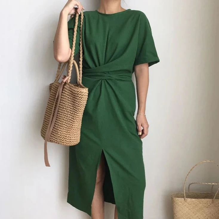 Elegant Twist Tie Waist and Front Slit Midi Dress - Green/One Size (US S/M) - SALE