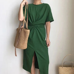Elegant Twist Tie Waist and Front Slit Midi Dress - Green/One Size (US S/M) - SALE