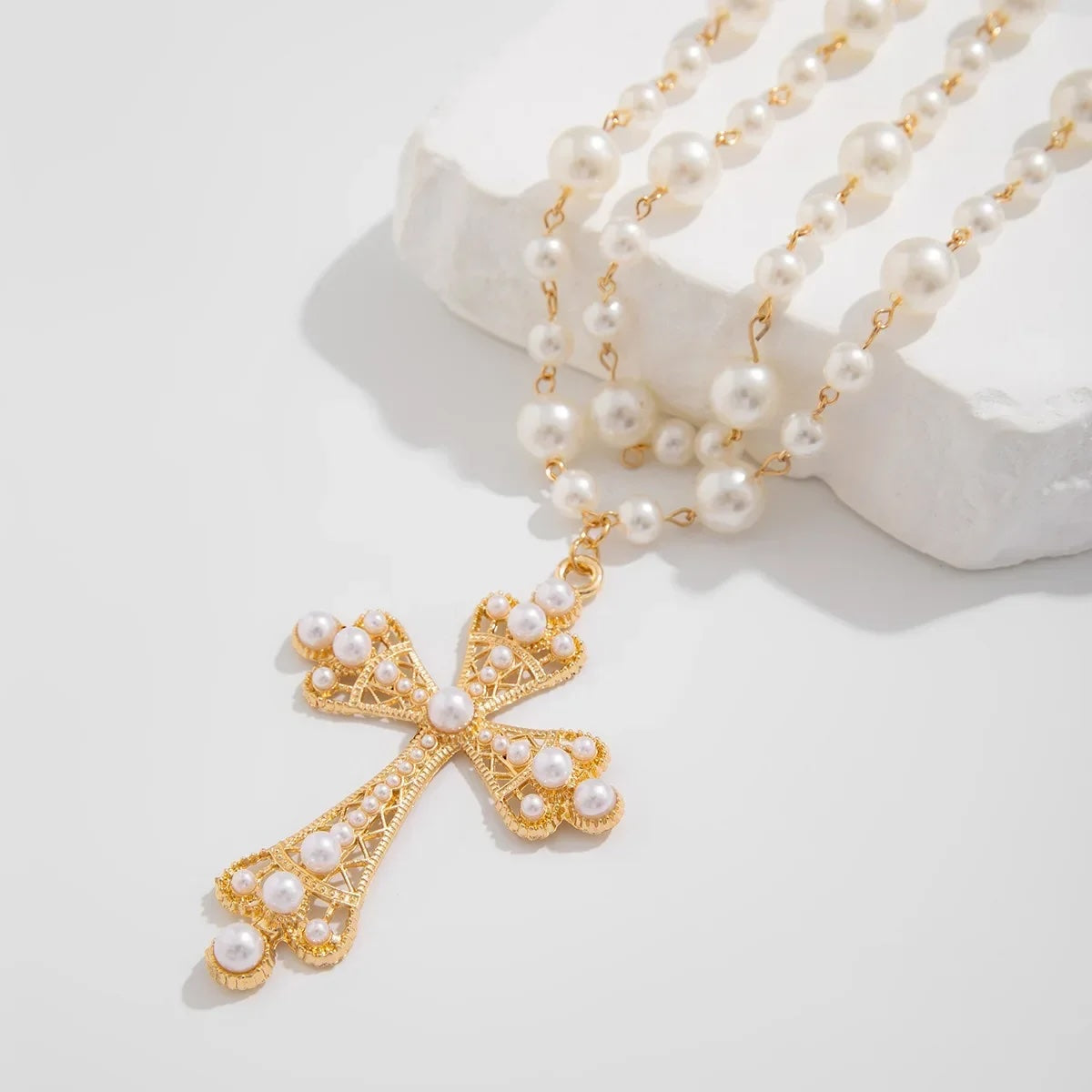 Imelda Baroque Crystal Cross and Pearl Necklace