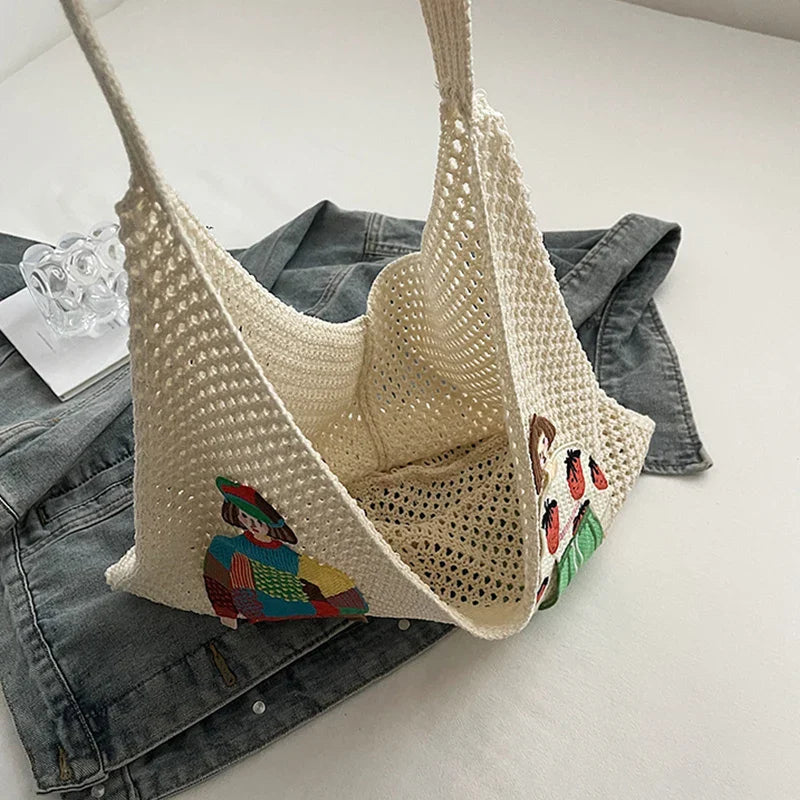 Tamara Two Girls Embroidery Knit Shoulder Bags