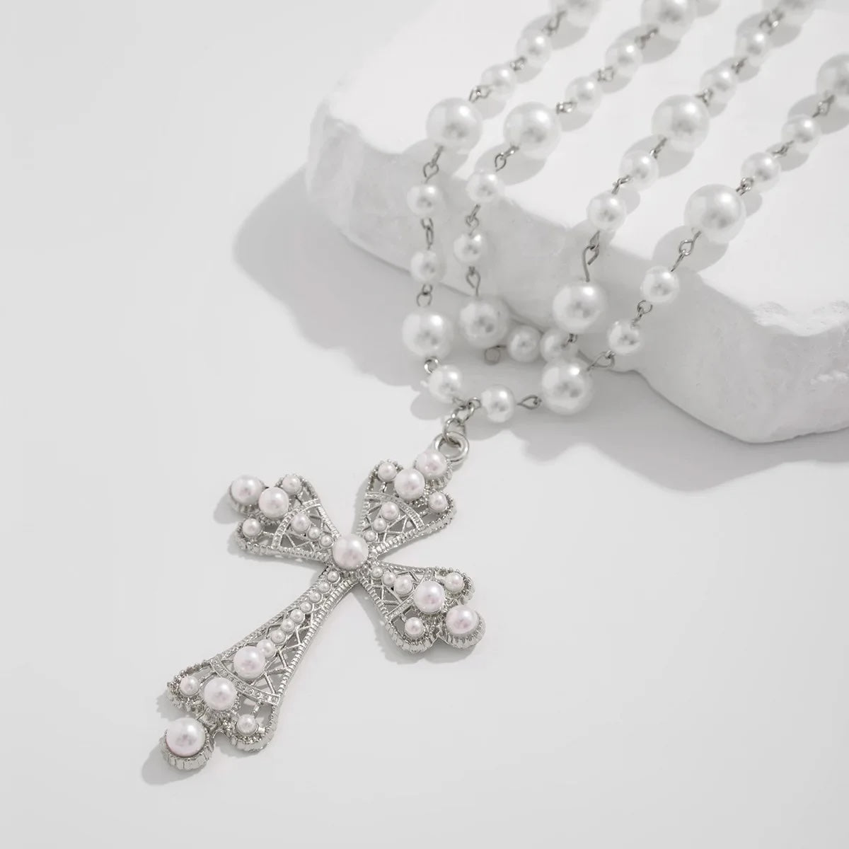 Imelda Baroque Crystal Cross and Pearl Necklace