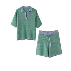 Aluna Retro Pinstripe Shirts and Shorts Knit Suit