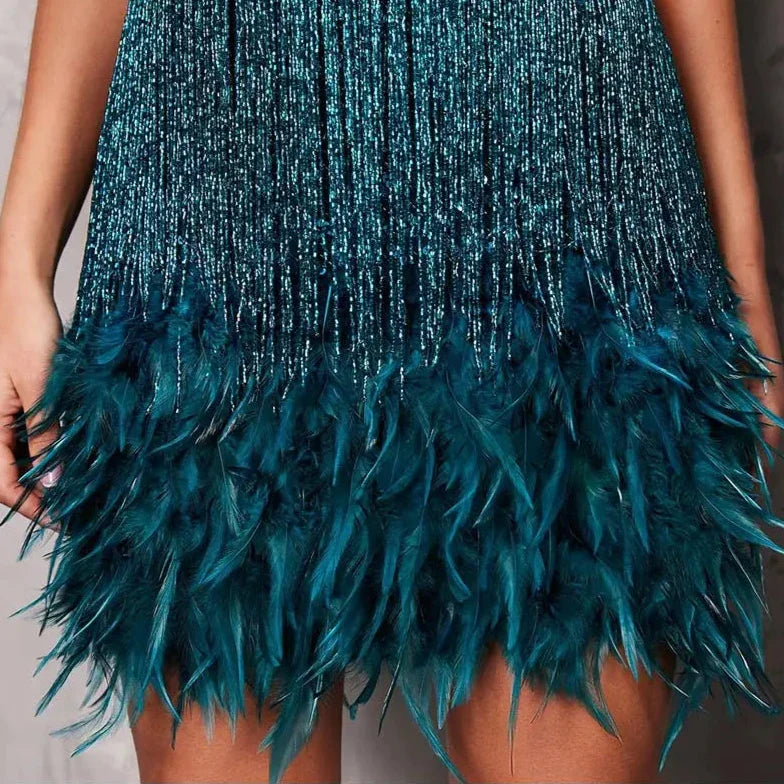 Teressa Feather Tassel Sequin Mini Dress - GOLD/S - SALE