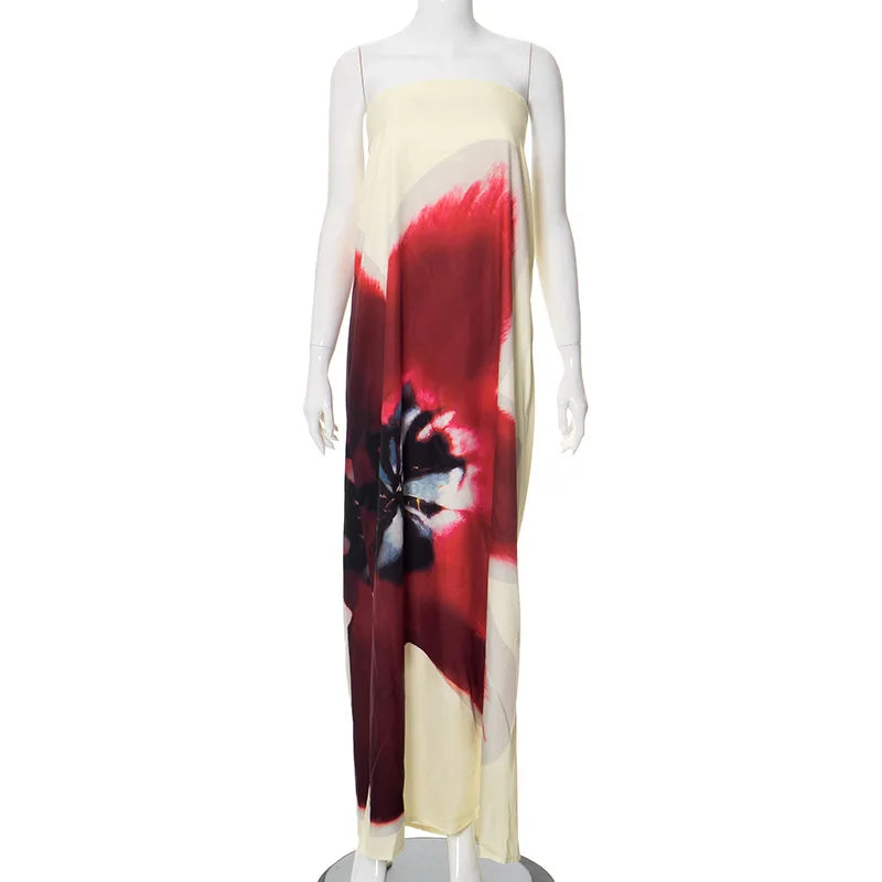 Mossa Strapless Floral Belt Tube Maxi Dress