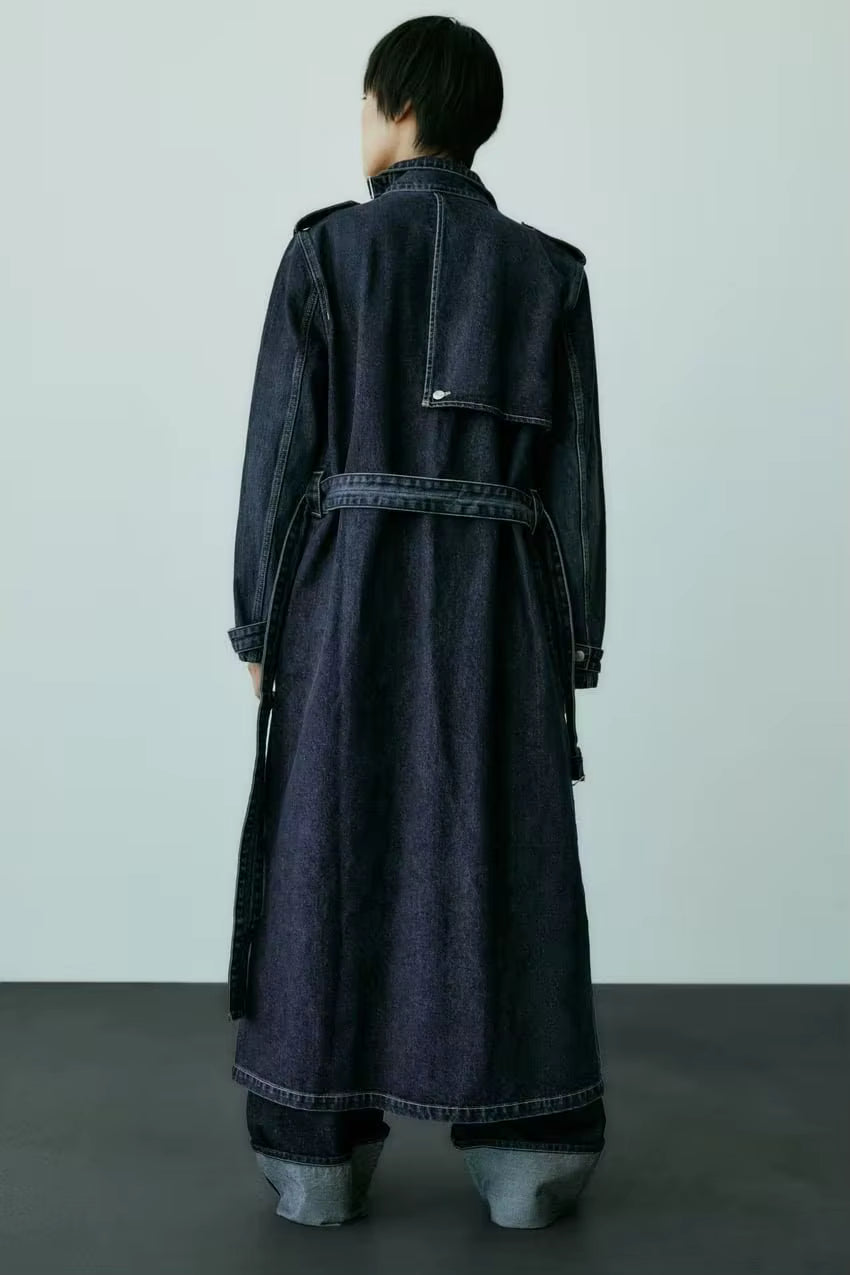 Sable High Stand-Collar Denim Trench Coat