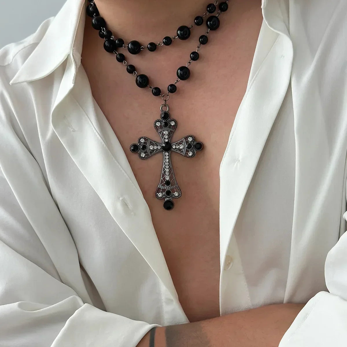 Imelda Baroque Crystal Cross and Pearl Necklace