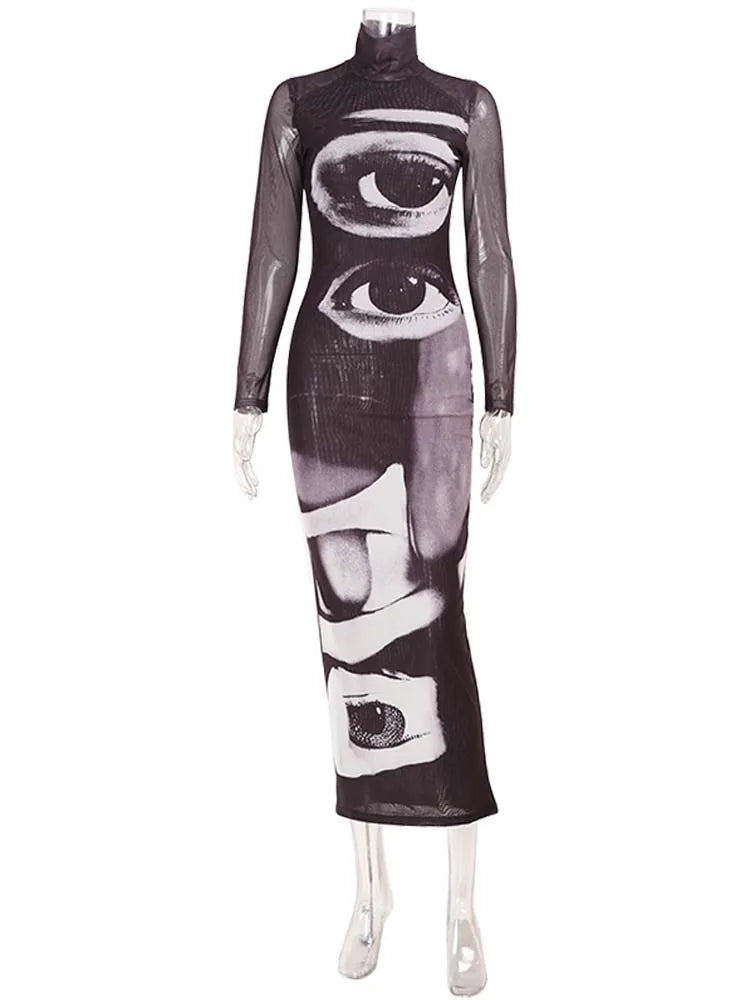 Mirabella Surreal Semi-Sheer Eye Print Mesh Dress