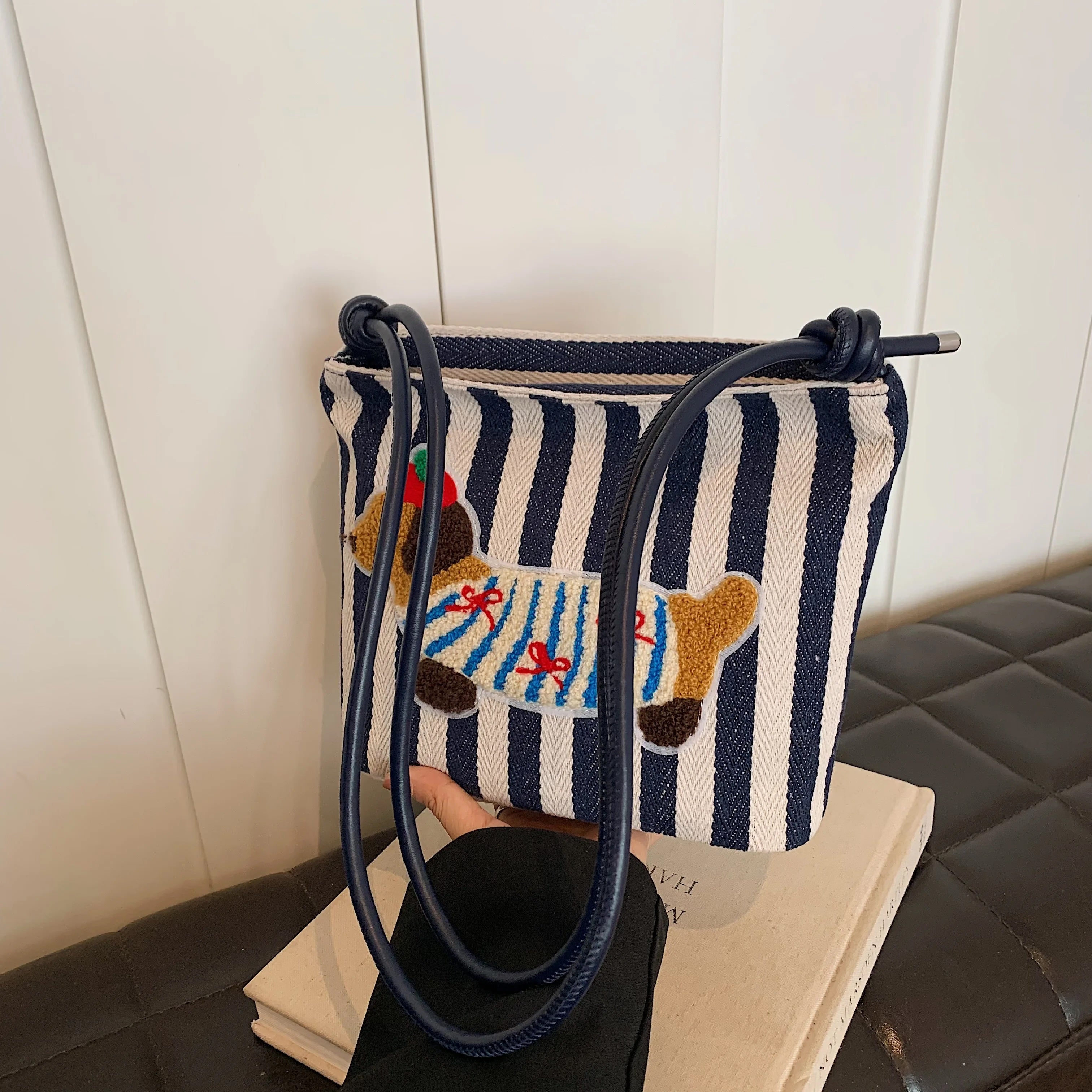 Cute French Poppy Patchwork Stripe Shoulder Bag